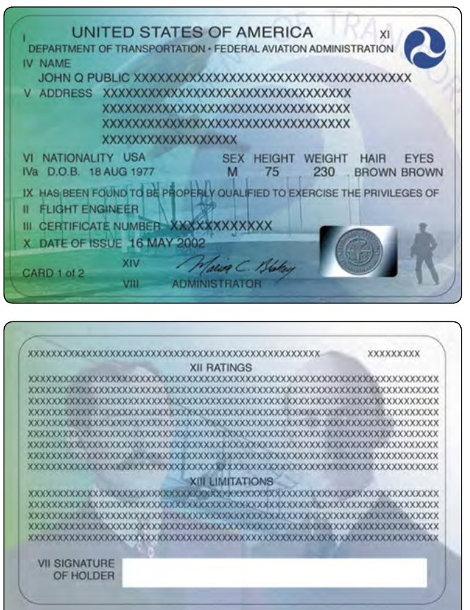 Front and back of a plastic airman certificate. The front shows the holder's name, address, nationality, date of birth, certificate number, and date of issue, with numbered fields. The back has sections headed Ratings and Limitations and a signature block.