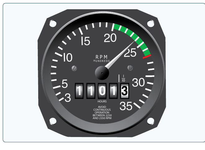 An aircraft tachometer dial reading engine speed in hundreds of RPM, with an arc marking the normal operating range and an hour meter below the needle