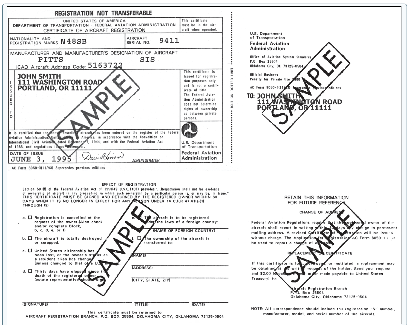 An AC Form 8050-3 Certificate of Aircraft Registration, showing fields for the registration number, aircraft manufacturer and model, serial number, and the registered owner's name and address.
