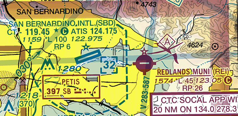 A sectional chart excerpt showing two airports about six miles apart over a yellow city tint. On the left, San Bernardino International is drawn as the outline of its single long runway rather than as a circle, with a five-pointed star beside it, and its name, identifier, frequencies, and numbers printed above in dark green type, among them 1159 followed by an asterisk and the letter L. On the right, Redlands Municipal is drawn as a filled circle carrying a short runway line, with four short tick marks projecting from the circle at the diagonals and a five-pointed star above it, and its name, identifier, and numbers printed alongside in dark red type, reading 1574, then an asterisk and the letter L, then 45, then 123.05 with a circled C printed after it. A dashed boundary encloses the left airport, and a boxed number 32 sits beside it. Brown contour lines and spot elevations cover the higher ground at the top right.