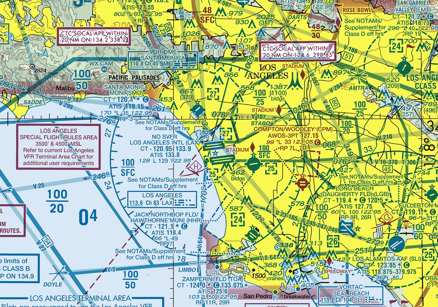 Sectional chart excerpt of Los Angeles International and the surrounding area. Heavy solid blue lines divide the Class B airspace into tiers, each labeled with a stacked pair of numbers such as 100 over SFC, 100 over 25, 100 over 20, and 100 over 50. Several dashed blue Class D circles lie beneath the shelves at Santa Monica, Hawthorne, Long Beach, and Torrance.