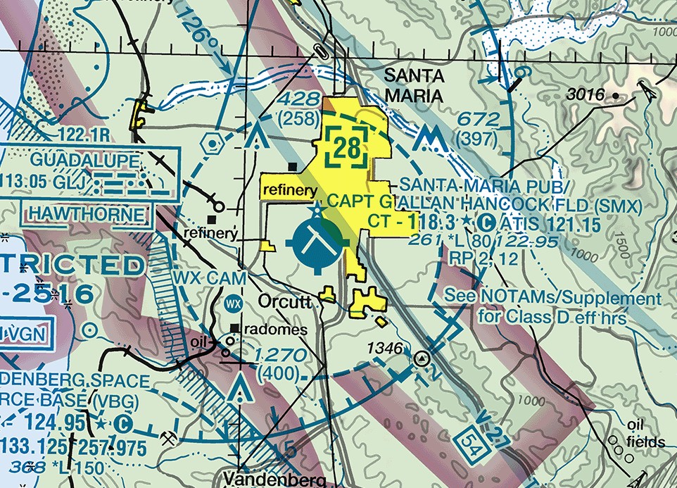 Sectional chart excerpt of Santa Maria Public, Captain G Allan Hancock Field. A dashed Class D line encloses the airport with one rectangular arrival extension to the southeast, printing green over the yellow city tint. Two more dashed blue boundaries appear at the lower left and the left edge. A dashed box beside the airport contains the number 28. A note reads See NOTAMs slash Supplement for Class D eff hrs.