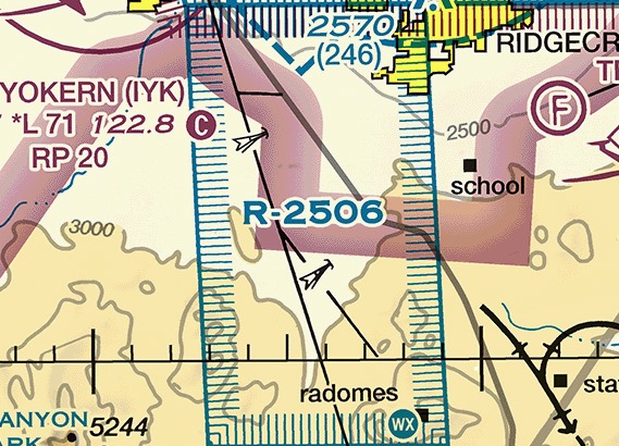 Sectional chart excerpt of the desert near Inyokern and Ridgecrest, California. Two vertical blue lines run down the frame, each carrying a band of short blue ticks on the side facing inward, and the designation R-2506 is printed in large blue type between them. Three thin black lines cross the area diagonally, two of them carrying a small open arrowhead. At the left edge a partly cut airport data block reads YOKERN (IYK), with the lighting and runway figures *L 71, the frequency 122.8, and RP 20 beneath them. Labels for a school, radomes, and spot elevations appear around the area.