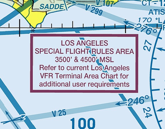 Sectional chart excerpt over the Los Angeles basin on a pale blue Class B tint. A magenta-outlined box printed in magenta reads, on six lines: LOS ANGELES, SPECIAL FLIGHT RULES AREA, 3500 feet and 4500 feet MSL, Refer to current Los Angeles VFR Terminal Area Chart for additional user requirements. Pale blue airway bands labeled V 107, V 299, and V 25 cross the frame.