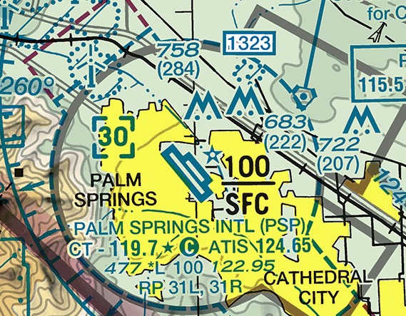 Sectional chart excerpt of the Coachella Valley in California. A thick gray arc curves down the left side of the frame, with a blue dashed line inside it around the city area. The figures 100 above SFC are printed in large solid black type over the yellow city tint, and a blue box with dashed corners contains the figure 30. Blue type reads PALM SPRINGS INTL (PSP), CT 119.7.